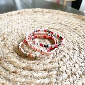 Womens Boho Coral Peach White Black Tila Bead Stretch Bracelet Set 3 Piece